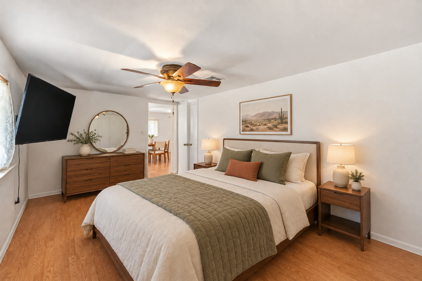 Virtually staged bedroom with walnut bed and cream bedding